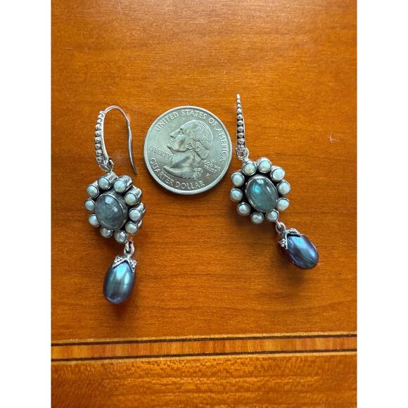 Sterling Silver Labradorite & Peacock Freshwater Pearl Dangle Earrings - Picture 7 of 7